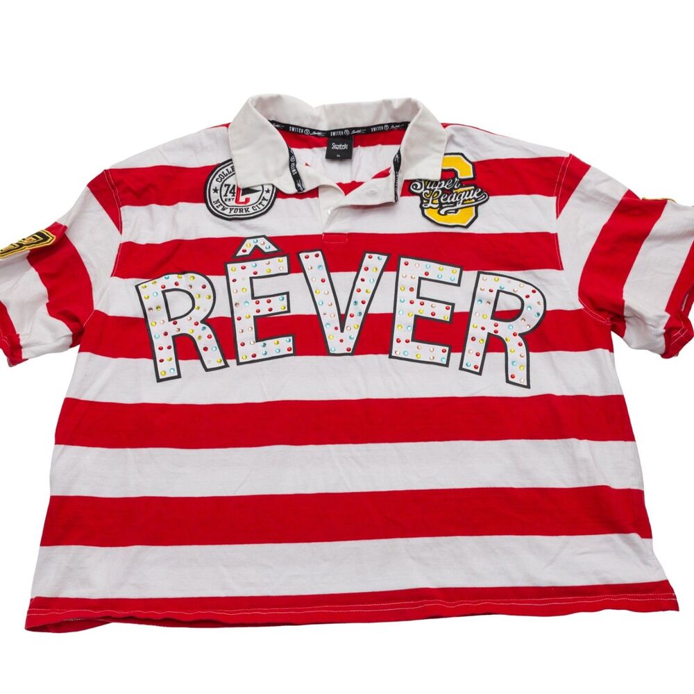 Switch Rever Rhinestone Rugby Polo Crop Shirt Womens XL Red White Striped Y2K